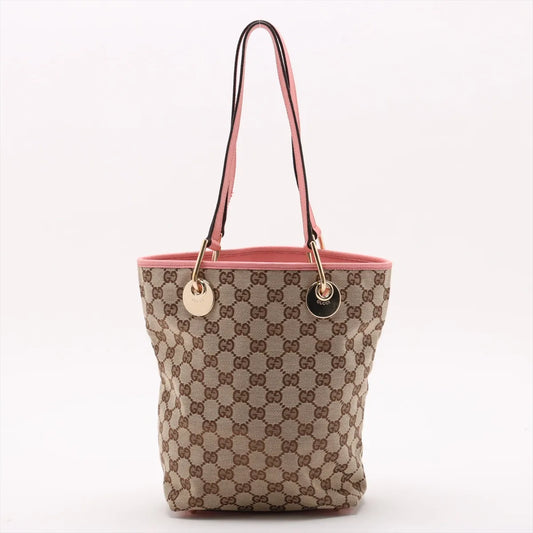 Gucci GG Canvas Canvas Leather Tote Bag Beige x Pink
