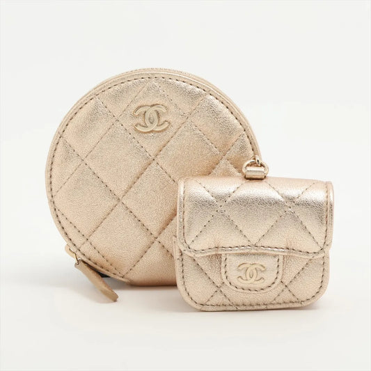 Chanel CC Logo Matelasse Lambskin Coin Purse and Airpods Case Champagne