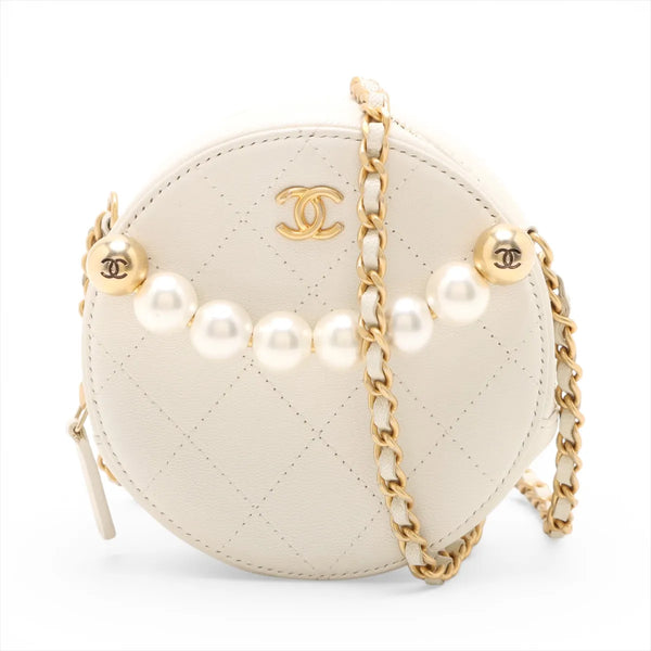 Chanel CC Logo Matelasse Leather Pearl Chain Round Shoulder Bag White