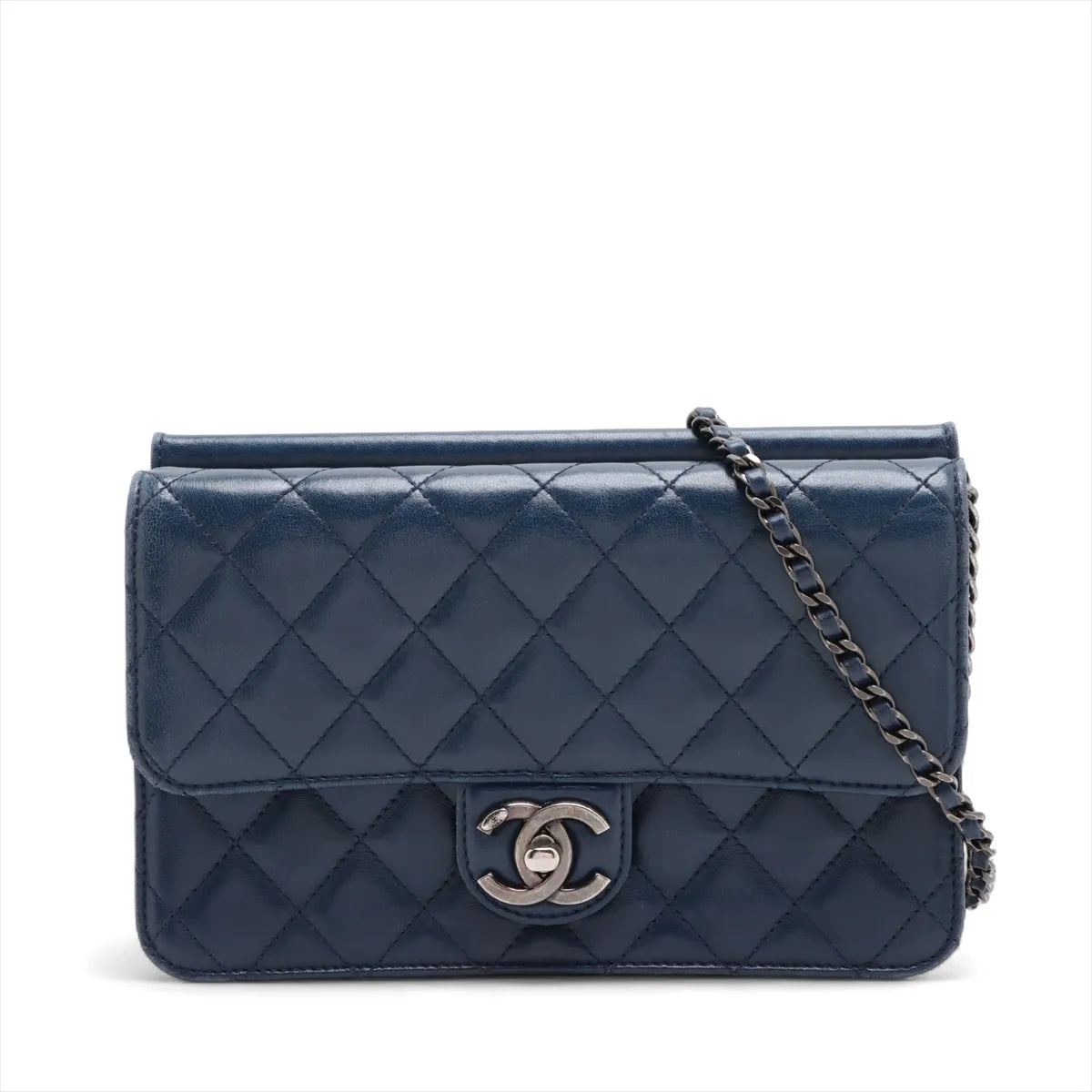 Chanel CC Logo Matelasse Lambskin Chain Shoulder Bag Navy Blue