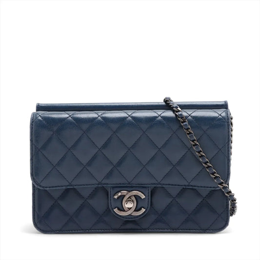 Chanel CC Logo Matelasse Lambskin Chain Shoulder Bag Navy Blue