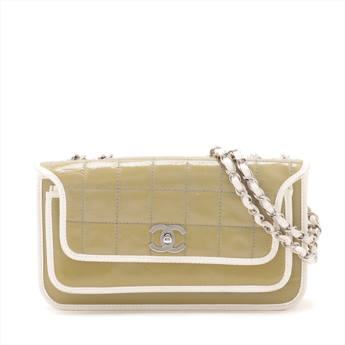 Chanel Chocolate Bar Patent Leather Single Flap Double Chain Bag Khaki