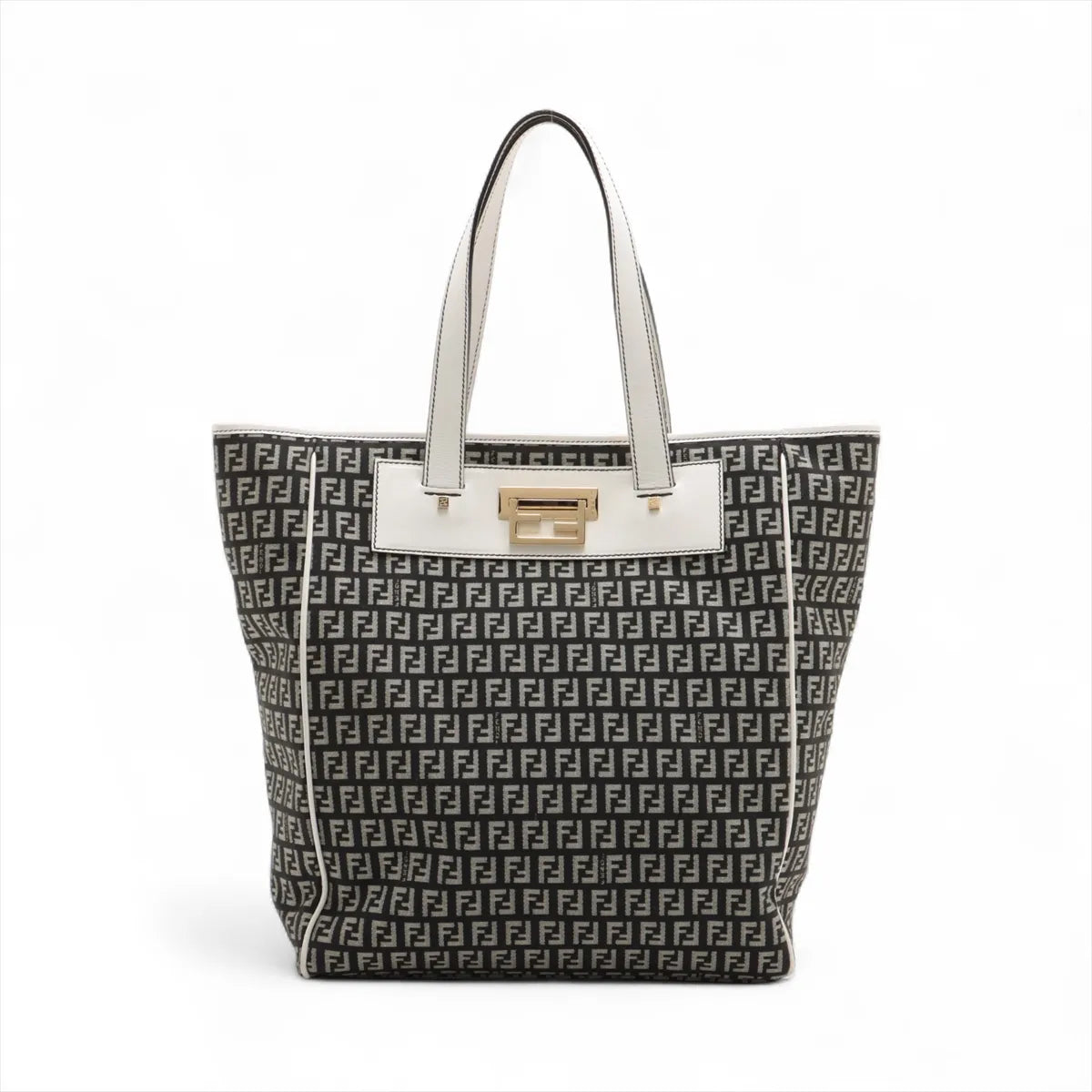 Fendi Zucchino Canvas Leather Tote Bag Black x White