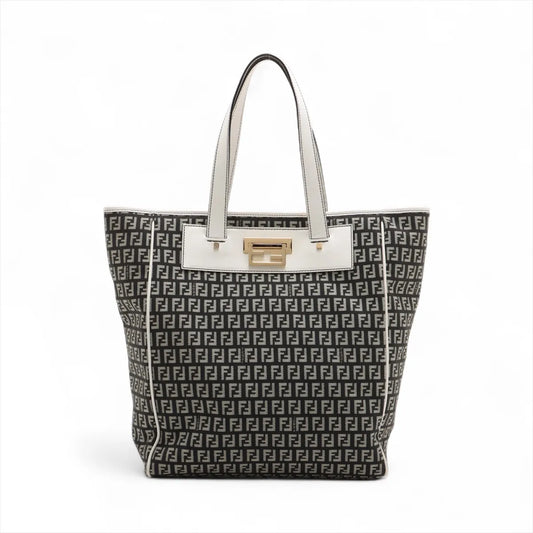 Fendi Zucchino Canvas Leather Tote Bag Black x White