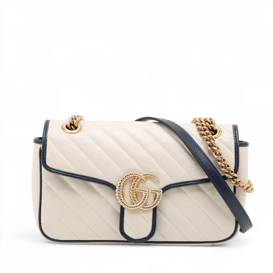 Gucci GG Marmont Leather Chain Shoulder Bag White x Navy