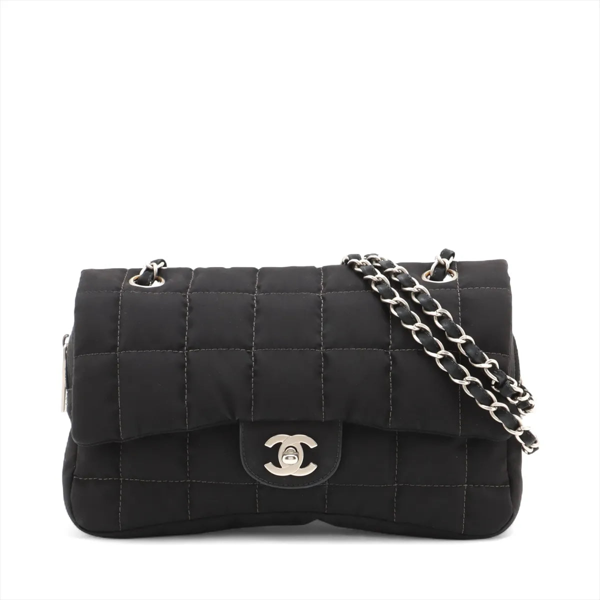 Chanel CC Logo Chocolate Bar Nylon Chain Shoulder Bag Black