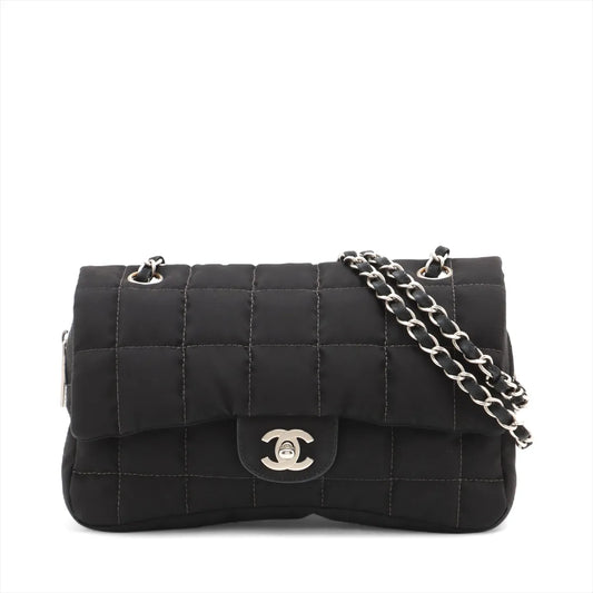Chanel CC Logo Chocolate Bar Nylon Chain Shoulder Bag Black