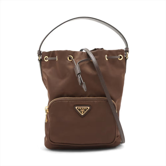 Prada Tessuto Nylon x Leather Two-Way Bucket Bag Brown
