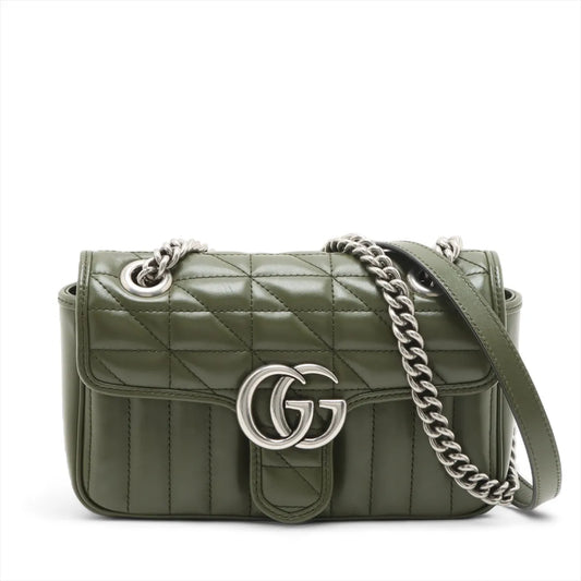 Gucci GG Logo Marmont Leather Chain Shoulder Bag Khaki