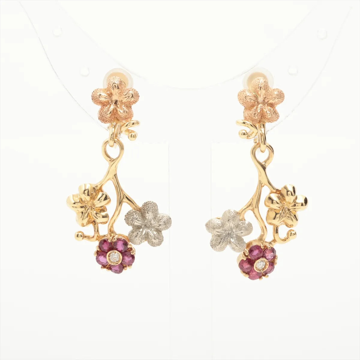 Ruby Diamond Flowers Clip-on Dangling Earring