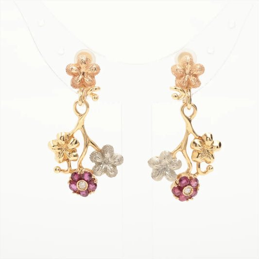 Ruby Diamond Flowers Clip-on Dangling Earring