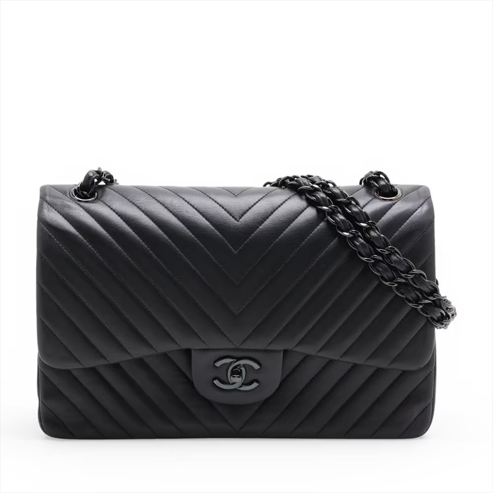 Chanel Chevron Stitch Lambskin Double Flap Double Chain Bag Black