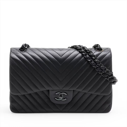 Chanel Chevron Stitch Lambskin Double Flap Double Chain Bag Black