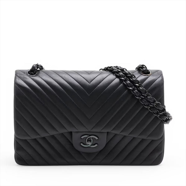 Chanel Chevron Stitch Lambskin Double Flap Double Chain Bag Black