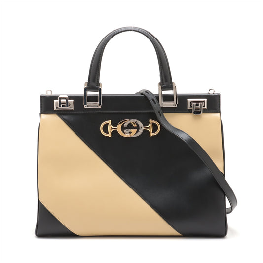 Gucci Zumi Leather Two-Way Handbag Black x Beige