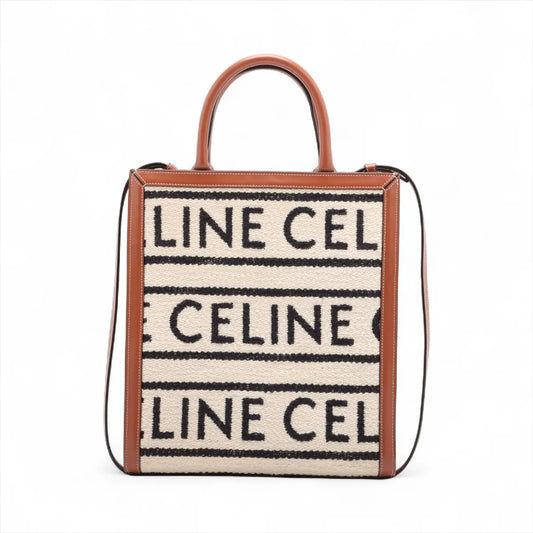 Celine Monogram Cloth Vertical Cabas Tote Shoulder Bag Beige x Brown