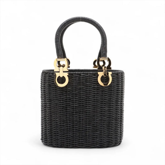 Ferragamo Gancini Rattan Straw Bag Black