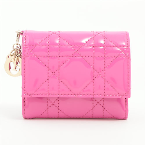 Christian Dior Lady Cannage Patent Lotus Trifold Compact Wallet Pink