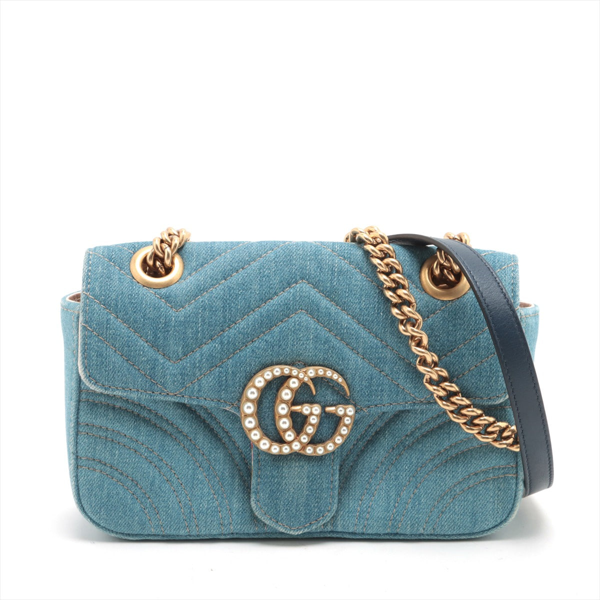 Gucci GG Logo Limited Edition Chevron Denim Chain Shoulder Bag Blue