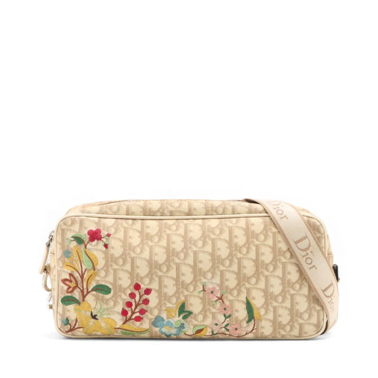 Christian Dior Trotter Embroidered Floral Shoulder Bag Beige