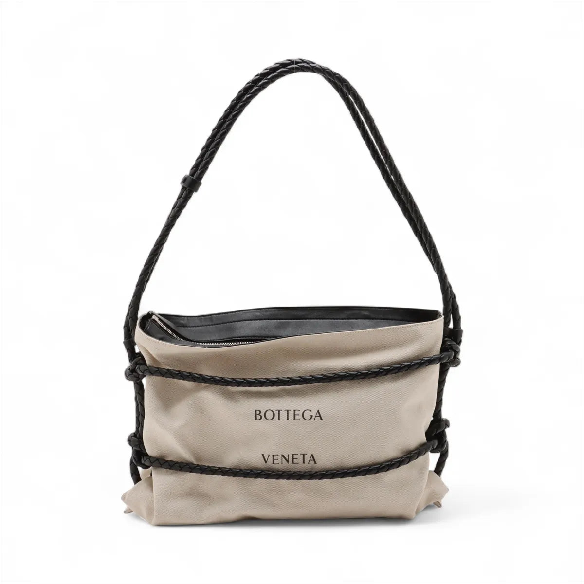 Bottega Veneta Vintage Canvas Leather Shoulder Bag Beige