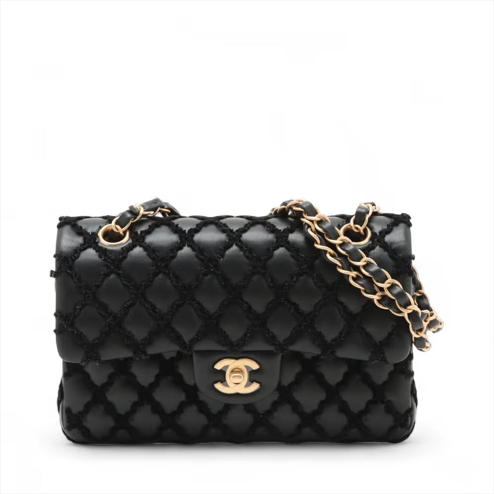 Chanel CC Logo Matelasse Lambskin Fabric Double Flap Double Chain Bag Black