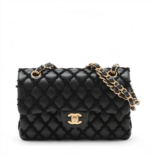 Chanel CC Logo Matelasse Lambskin Fabric Double Flap Double Chain Bag Black