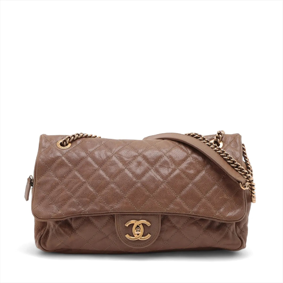 Chanel CC Logo Matelasse Caviar Skin Single Flap Double Chain Bag Brown