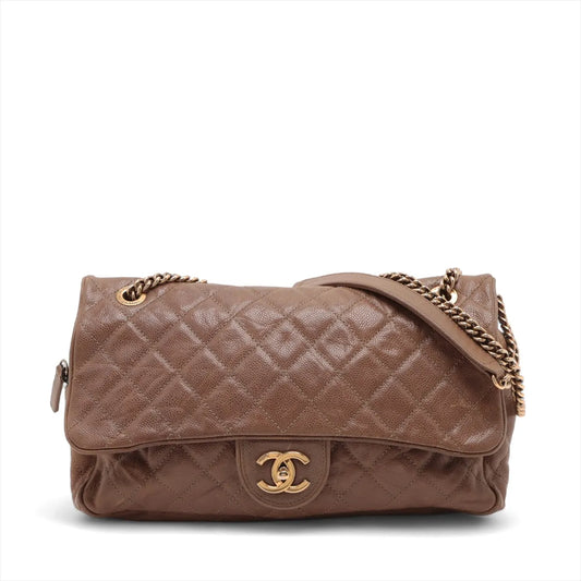 Chanel CC Logo Matelasse Caviar Skin Single Flap Double Chain Bag Brown
