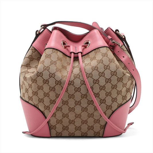 Gucci GG Logo Canvas Leather Bucket Bag Beige x Pink