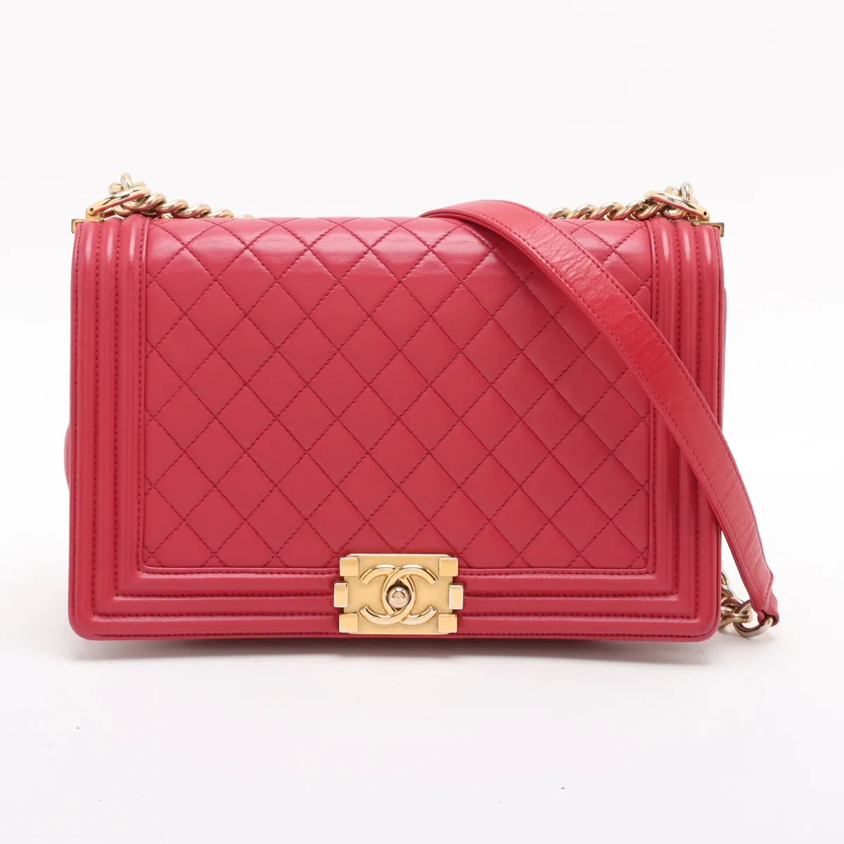 Chanel Boy Chanel 28 Large Lambskin Chain Shoulder Bag Red