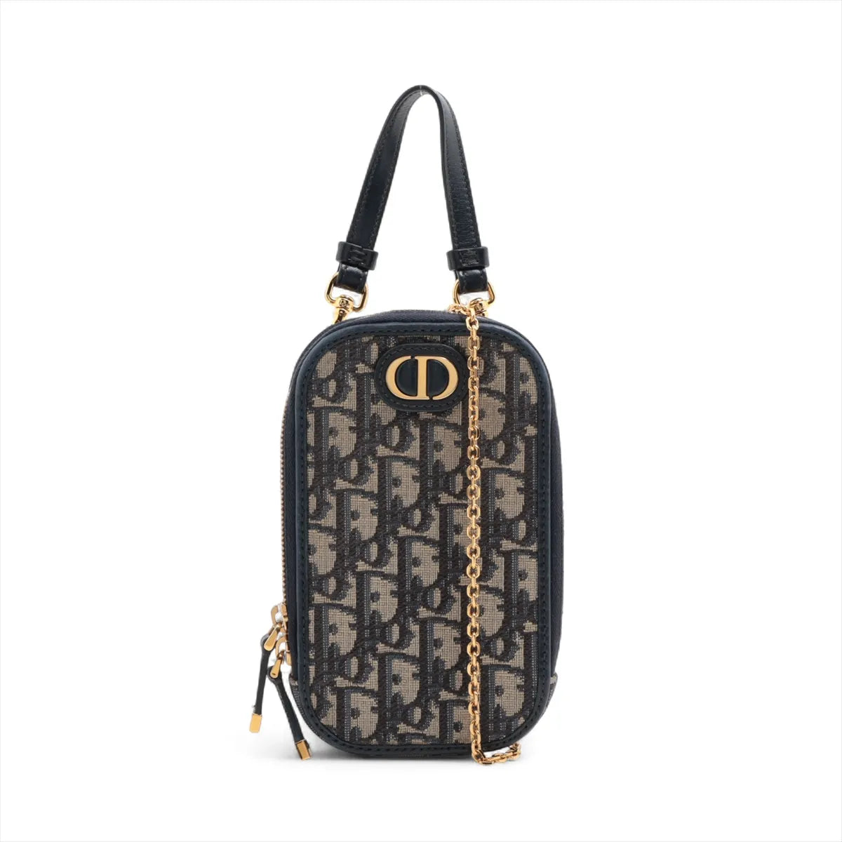 Christian Dior Oblique Canvas Leather Phone Chain Shoulder Bag Navy Blue