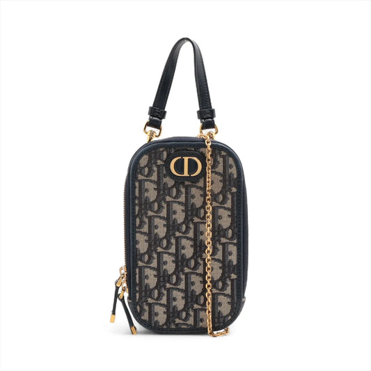 Christian Dior Oblique Canvas Leather Phone Chain Shoulder Bag Navy Blue