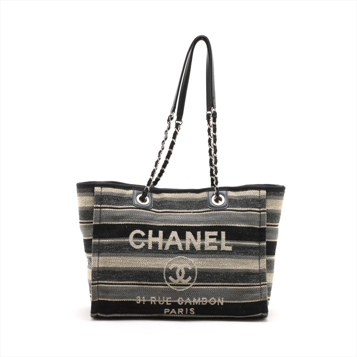 Chanel Deauville Canvas Leather Stripe Chain Tote Bag MM Black x Gray x Beige