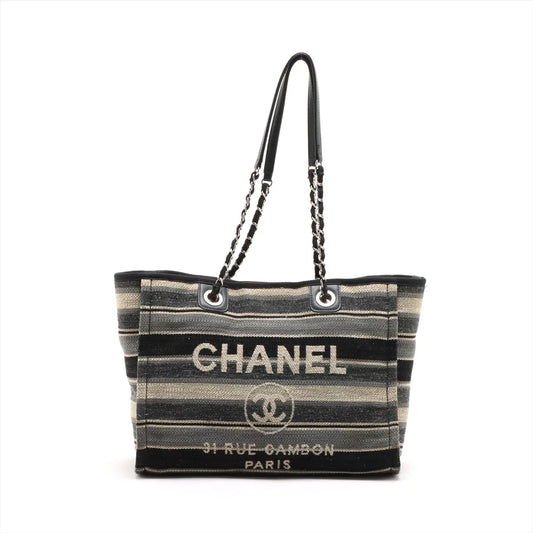 Chanel Deauville Canvas Leather Stripe Chain Tote Bag MM Black x Gray x Beige