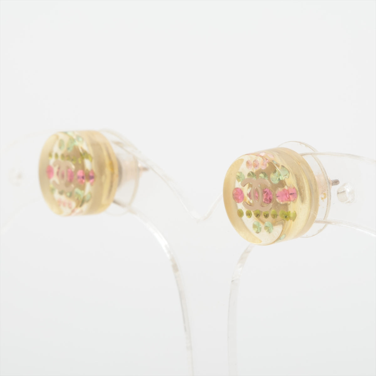 Chanel Round CC Logo  Transparent Floral Multicolor Enamel Stud Earring