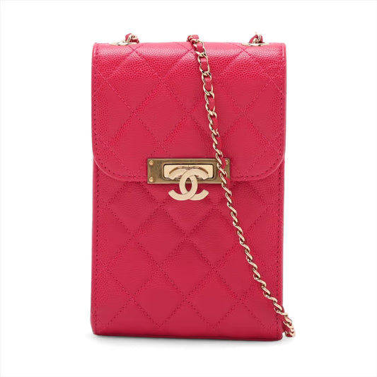 Chanel CC Logo Matelasse Caviar Skin Chain Phone Case Bag Hot Pink