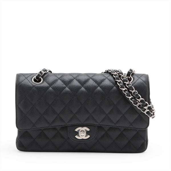 Chanel CC Logo Matelasse 25 Caviar Skin Double Flap Double Chain Bag Black