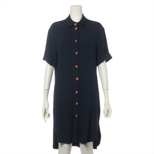 Etro Rayon Shirt Orange Rhinestone Button Knee Length Dress Black