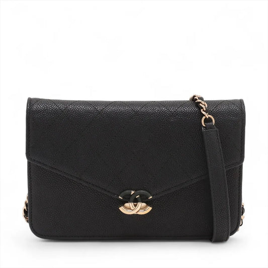 Chanel CC Logo Caviar Skin Chain Wallet Bag Black