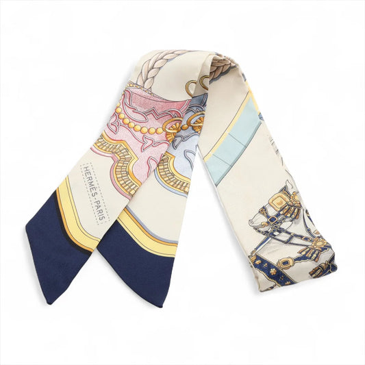 Hermès Twilly Grand Apparat Horses Scarf Silk Ivory