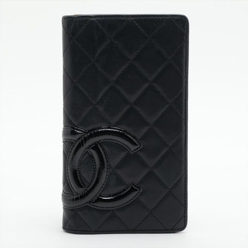 Best Chanel Cambon Line Lambskin Leather Round Zip Wallet Organizer Black