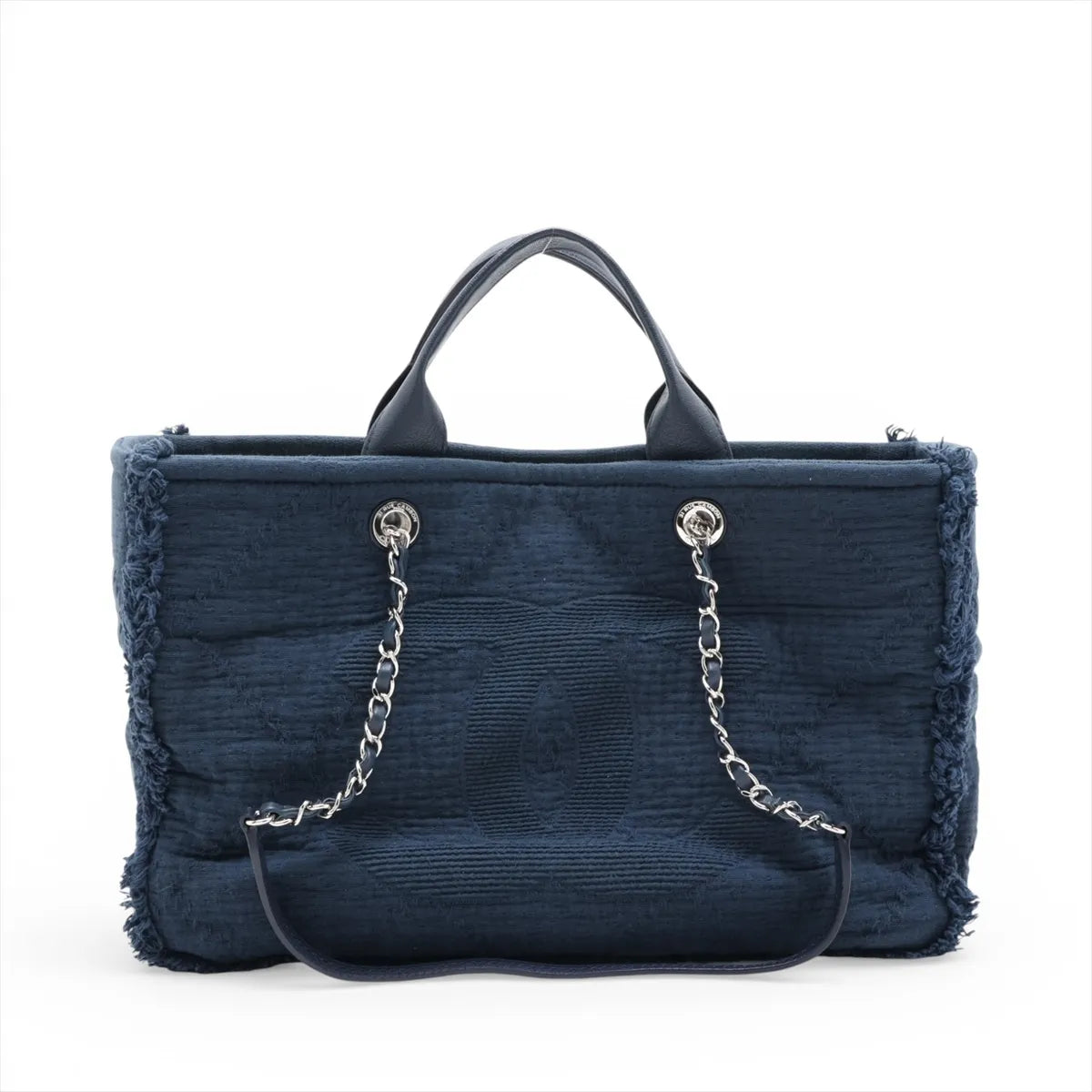 Chanel CC Logo Cotton Leather Chain Fringe Tote Bag Navy Blue