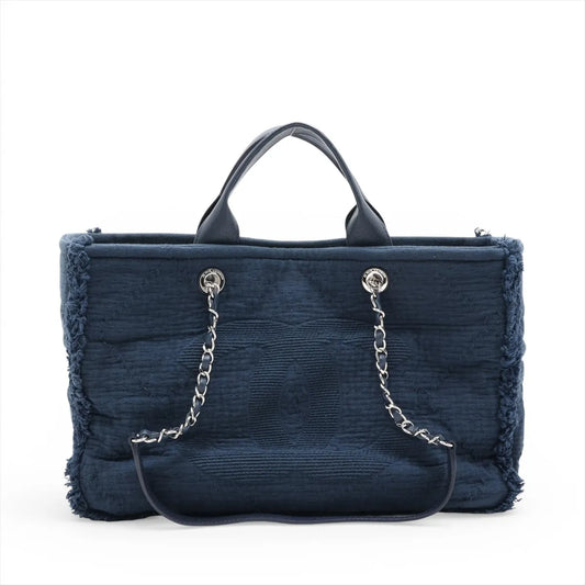 Chanel CC Logo Cotton Leather Chain Fringe Tote Bag Navy Blue
