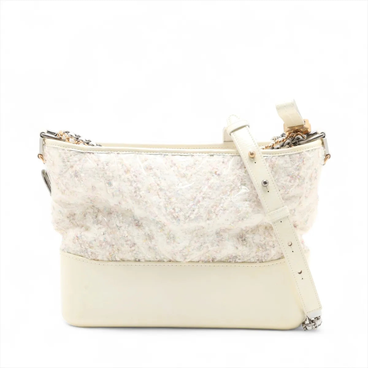 Chanel Gabrielle Doo Chanel Vinyl Leather Tweed Chain Shoulder Bag White