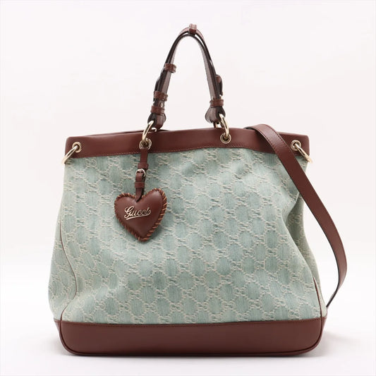 Gucci GG Logo Denim Leather Two-Way Shoulder Bag Blue x Brown