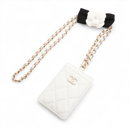 Chanel CC Logo Matelasse Lambskin Camellia Chain Card Case White
