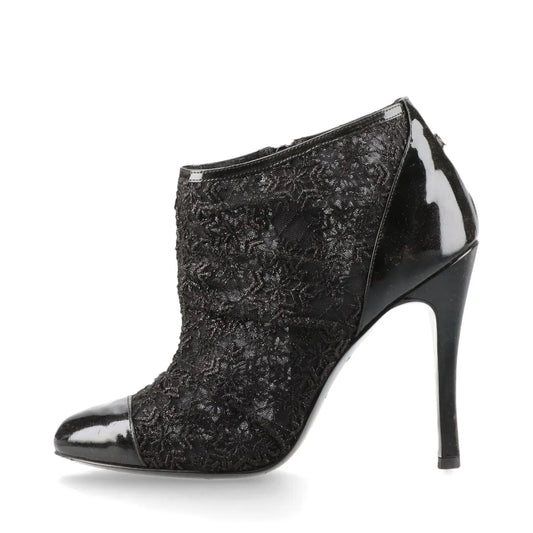 Chanel CC Logo Lace x Patent Leather Pointed Heel Boots Black