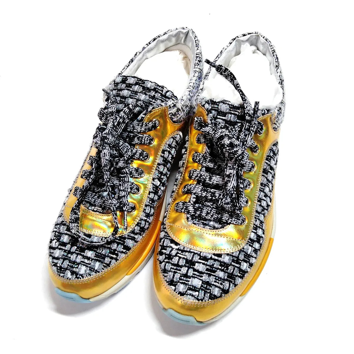 Chanel Tweed Metallic Trainers Women's Sneakers Gold & Black