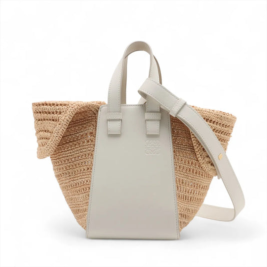 Loewe Hammock Compact Raffia Leather Shoulder Bag White x Beige